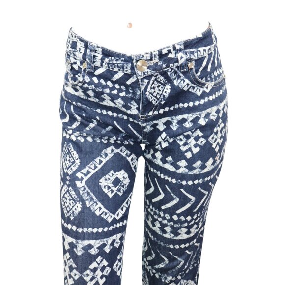STUDIO F Printed Navy Blue & White Aztec Print Skinny Jeans 8 - Picture 4 of 8